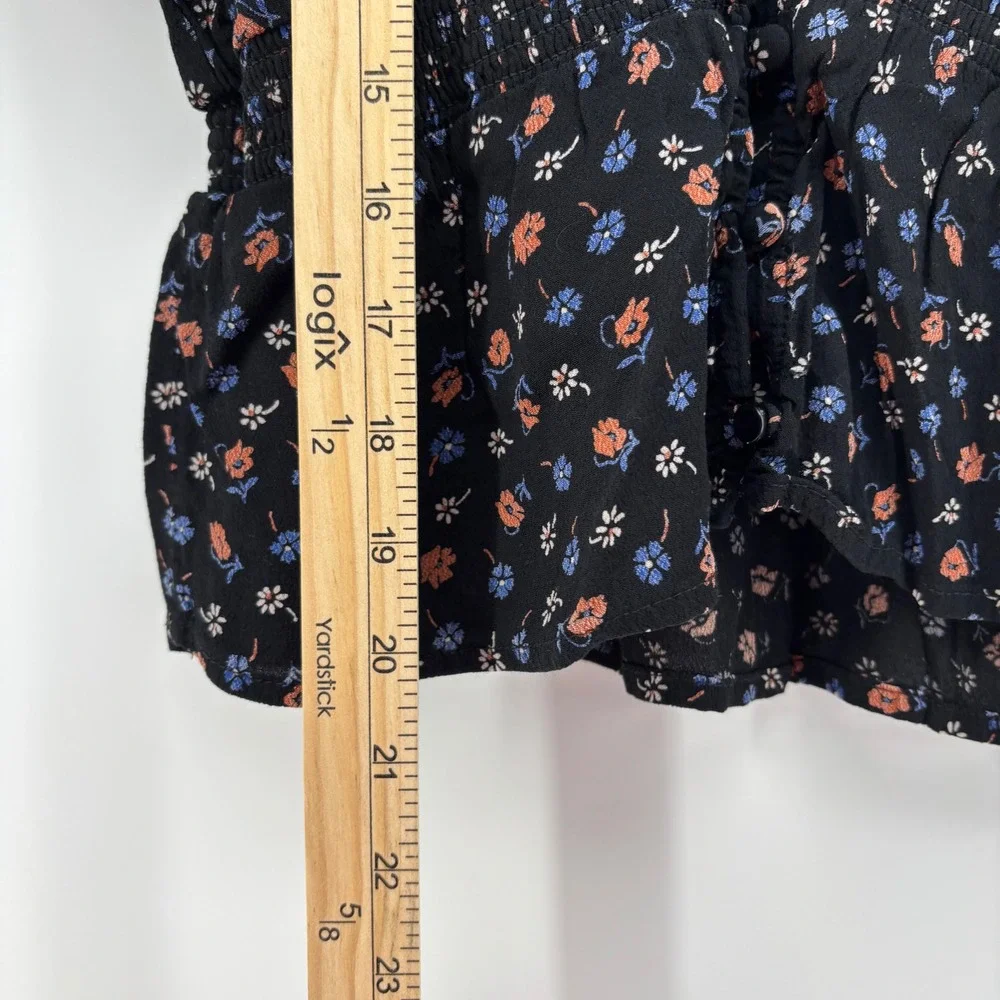 Madewell Womens Blouse XS Black Floral V-Neck Smocked Peplum Top Romantic Boho